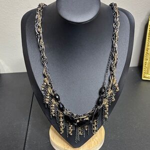 Talbots Black and Gold Chain Rocker Chic  Rhinestone Statement Necklace